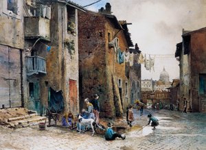 Middelalderhuse i Via della Lungaretta i Rom, af Ettore Roesler Franz (1845-1907), akvarel, Italien