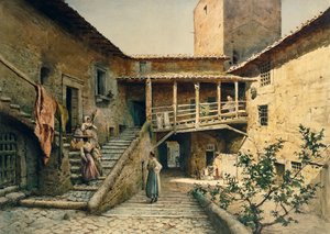 Gården i Anguillara Palace i Rom, fra serien Disappeared Rome, af Ettore Roesler Franz (1845-1907)