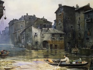 Via della Fiumara oversvømmet i Rom, af Ettore Roesler Franz (1845-1907), akvarel, Italien
