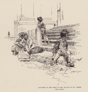 Liggestole på trappen til Santa Maria del Popolo-kirken (kobberstik) af Ettore Tito