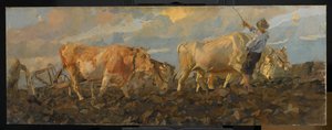 Oxen Ploughing, 1911 (olie på linned) af Ettore Tito