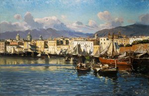 Den gamle havn i Palermo (olie på lærred) af Ettore de Maria Bergler