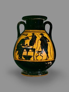 Attic sort-figur pelike dekoreret med en scene af en skomager, der skærer læder til en sko, tidligt 5. århundrede f.Kr. (keramik) af Eucharides Painter