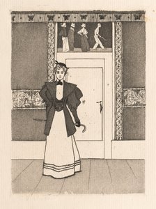 Interiør med ung kvinde i gåkostume, 1895. af Eugen Kirchner