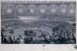 Hesteshow i Franconi cirkus, Champs Elysees, Paris, Eugene Louis Lami (1800-1890), indgraveret af Charles Mottram (1807-1876) taget fra Summer and Winter in Paris af Eugene Louis Lami