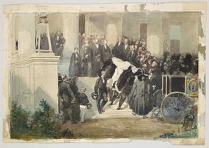 KONG LOUIS PHILIPPEs kiste, der forlader CLAREMONT-HUSET I ESHER, SURREY, ENGLAND I AUGUST 1850 af Eugene Louis Lami