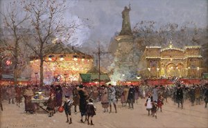 Fete, på Place de La Republique, Paris (sort kridt og gouache på papir)