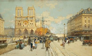 Figurer på en solrig parisisk gade, Notre Dame til venstre