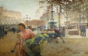 Place du Theatre Francais, Paris af Eugene Galien-Laloue