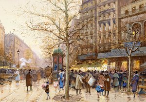 En gadescene i Paris af Eugene Galien-Laloue
