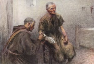 Broder Bentivoglia plejer en spedalsk (farvelitografi)