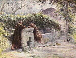 Den hellige Frans og broder Masseo spiser ved springvandet, den hellige Frans lovpriser fattigdom (farvelitografi)
