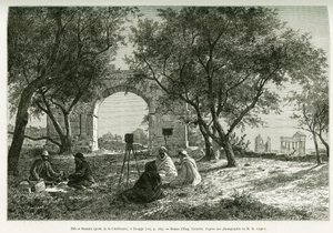 Bab-er-Roumia (Bab er Roumia), porten til den kristne kvinde, romerske ruiner i Dougga, picnic af rejsende og deres guider, omkring et kamera. Gravering af Eugene Girardet, for at illustrere historien Voyage en Tunisie, af R.Cagnat og H.Saladin, anklager o af Eugene Alexis Girardet