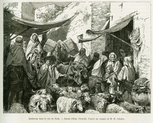 Flov i Teboursouk Souk Street. Gravering af Eugene Girardet, for at illustrere historien Voyage en Tunisie, af R.Cagnat og H.Saladin, anklager for en arkæologisk mission af Ministeriet for Offentlig Undervisning, i Tour du monde 1888, under vejledningen