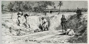 Excavations at the Christian cemetery of Lamta, with both mission charges. Engraving by Eug.Girardet, to illustrate the story “The Journey to Tunisia” ”, by Rene Cagnatdani