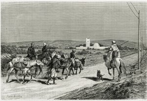 Vores trailer flytter. Graveret af Eugene Girardet, for at illustrere historien "" Voyage en Tunisie", af Rene Cagnat (1852-1937) historiker og Henri Saladin (1851-1923), arkitekt, bestilt i 1882-1883 af Ministeriet for Offentlig Undervisning. Udgivet i af Eugene Alexis Girardet