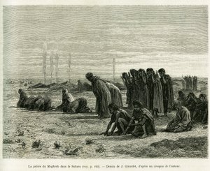 Moghreb-bønnen i Sahara. Gravering af J.Girardet, for at illustrere historien Cinq mois chez les moures nomades du Sahara occidental, i 1887, af Camille Douls, i le tour du monde 1888, under ledelse af Edouard Charton (1807-1890), Hachette, Pa af Eugene Alexis Girardet