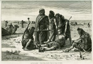 Den vil gå på fødderne. Gravering af Eugene Girardet, for at illustrere historien Cinq mois chez les moures nomades du Sahara occidental, i 1887, af Camille Douls, i le tour du monde 1888, under ledelse af Edouard Charton (1807-1890), Hachette, Paris. af Eugene Alexis Girardet