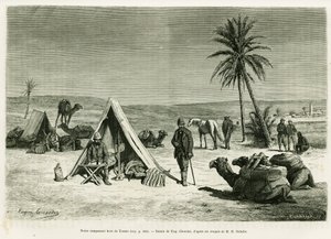 Rejselejr i nærheden af Tozeur. Gravering af Eugene Girardet for at illustrere historien Voyage en Tunisie, af R.Cagnat og H.Saladin, i le tour du monde 1886, instrueret af Edouard Charton (1807-1890), Hachette, Paris. af Eugene Alexis Girardet