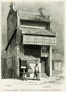 Et Monkay-hus. Gravering af Eugene Burnand til illustration af historien Sur les frontières du Tonkin, af doktor P.Neiss, i le tour du monde 1888, instrueret af Edouard Charton (1807-1890), Hachette, Paris. af Eugene Burnand
