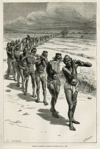 Søjle af bærere gennem rismarkerne, mellem Bassac og Hue, ætset efter en tegning af Eugene Burnand, for at illustrere historien om Laos og de vilde befolkninger i Indokina, af Dr. Harmand, i 1877, udgivet i tour du monde, under det direkte af Eugene Burnand