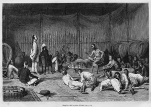 Dr. Harmand ved receptionen hos Prinsen af Oubon (Laos), beskrivelse af det indre af den fyrstelige sag og dens gårdhave, gravering af Eugene Burnand, for at illustrere historien om Laos og de vilde befolkninger i Indokina af Dr. Harmand, i 1877, udg af Eugene Burnand