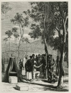 Dr. Harmand foretager en antropologisk måling af den oprindelige Khas, en Attopeu (Laos), gravering af Eugene Burnand, for at illustrere historien om Laos og de vilde befolkninger i Indokina af Dr. Harmand, i 1877, offentliggjort i tour du monde, under af Eugene Burnand