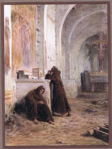 Broder Giles og hans ledsager besvimer af sult i en øde kirke, 1919 af Eugene Burnand