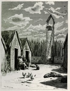 Missionærpladsen i Meuong Ngan. Gravering af Eugene Burnand, for at illustrere historien "Rejsen i Øvre Laos", i 1880, af Dr. P.Neis. Udgivet i Le Tour du monde, nouveau journal des voyages, 2. semester 1885, redigeret af Edouard Charton (1807-1890), red. af Eugene Burnand