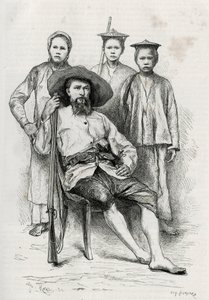 Portræt af forfatteren, omgiver hans rejsekammerater. Gravering af Eugene Burnand, for at illustrere historien "Rejsen i Upper Laos", i 1880, af Dr. P.Neis. Udgivet i Le Tour du monde, nouveau journal des voyages, 2. semester 1885, redigeret af Edou af Eugene Burnand