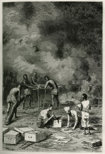 Tørringen af herbarieplanter på store bambusler, før lægen klassificerer dem og opbevarer dem i sine kasser, graveret af Eugene Burnand, for at illustrere historien om Laos og de vilde befolkninger i Indokina af doktor Harmand, i 1877, udgivet af Eugene Burnand