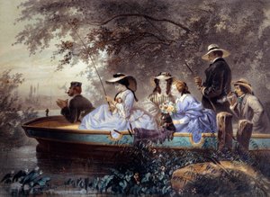 En søndag med familien, fiskeri i floden Litografi af Eugene Guerard (1821-1866) Paris fra det 19. århundrede, Musee Carnavalet