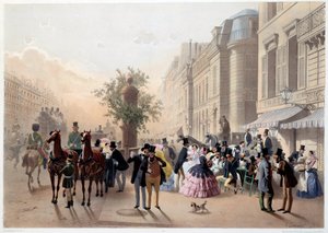 Boulevard des Italians, Cafe Tortoni in Paris in the 19th century Engraving by Eugene Guerarddani
