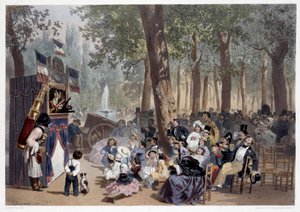 Visningen af guignolerne på Champs Elysees i Paris i det 19. århundrede. Tryk af Eugene Guerard (1821-1866) Paris fra det 19. århundrede, Musee Carnavalet