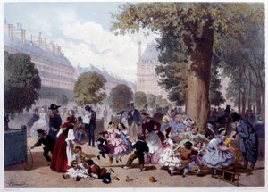 Udsigt over allee des foliants aux Tuileries i Paris Børn, vuggestuer og vandrere. Tryk af Eugene Guerard (1821-1866) 1856 Paris, Musee Carnavalet