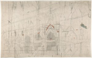Design til en scene i Opéra, Paris: Kirkens interiør, 1830-90. af Eugene Ciceri