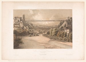 Gezicht op de hangbrug over de Sarine, te Fribourg Schweiz Savoy og Tyrol / Profil af hængebroen i Fribourg (Kanton Fribourg) (titel på objekt)