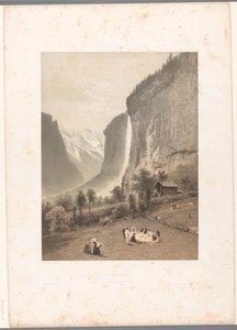 Picnic med udsigt over Staubbach-vandfaldet Le Staubbach (titel på objekt) La Suisse et la Savoie (serietitel) Ansigter i Schweiz og Savoy (serietitel på objekt) af Eugene Ciceri