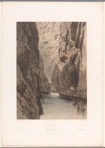 Vandrere på en bro gennem Trientschlucht Gorge de Trient (titel på objekt) Ansigter i Schweiz, Savoy og Tyrol (serietitel) La Suisse, la Savoie et le Tyrol (serietitel på objekt)