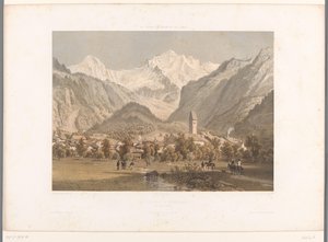 Udsigt over Unterseen og Jungfrau La Jungfrau à Unterseen (titel på objekt) Ansigter i Schweiz, Savoy og Tyrol (serietitel) La Suisse, la Savoie et le Tyrol (serietitel på objekt) af Eugene Ciceri