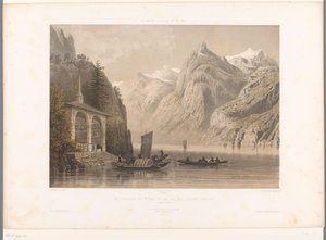 Udsigt over Tells-kapellet ved Luzern-søen La Chapelle de G.me Tell et le lac des Quatre-Cantons (titel på objekt) Ansigter i Schweiz, Savoy og Tyrol (serietitel) La Suisse, la Savoie et le Tyrol (serietitel på objekt) af Eugene Ciceri