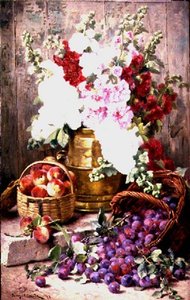 Stilleben med blomster i en messingurne og frugt i kurve af Eugene Claude
