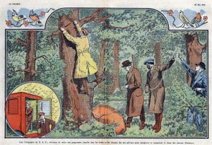 En T.S.F. Virksomheden installerer mikrofoner i skovene og markerne for at optage og transmittere fuglesang. Illustration af Damblans i "" Le Pelerin"" af 21. maj 1933. af Eugene Damblans