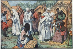 Om indvielsen, på Lateranpaladset, i Rom, af de hvide søstres museer i en landsby i Ækvatorialafrika, hvor de katekiserer og plejer de syge. Illustration af Damblans. I "" Le Pelerin"" af 29. januar af Eugene Damblans