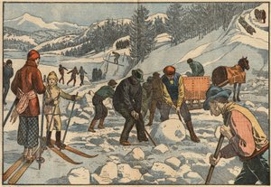 Alpine indbyggere samler isblokke om vinteren til sommeren. I baggrunden dyrker mænd vintersport. Illustration af Damblans. I "" Le Pelerin"" af 18. december af Eugene Damblans