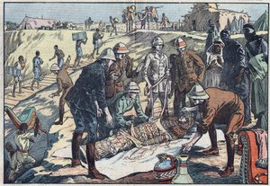 En engelsk mission, bestilt af Earl Byron de Prorok (1896-1954), en arkæolog, opdagede graven til Tin-Hahan i Hoggar. Illustration af Damblans. I "" Le Pelerin"" af 20. december 1925. af Eugene Damblans