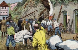 Liget af den amerikanske general Dunlop døde, fordi han reddede fru Briant under kollaps af udhuse på Fariniere-slottet (Frankrig) tegnet af Damblans fra det franske blad "Le Pelerin" 7. juni af Eugene Damblans