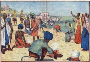 Civil Ulydighedsuge i Indien mod det britiske imperium: På Bombay Beach koger Gandhi (1869-1948) og hans tilhængere havvand for at få salt i strid med Gabelle-loven. Kvinder opmuntrer dem ved at gentage dette omkvæd: "Bryd, bryd saltloven, af Eugene Damblans