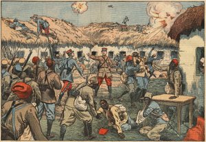 Kolonitropper låste Aoulay (Aoulai) posten op i Marokko under kaptajn Duboin. Illustration af Damblans. I "" Le Pelerin"" af 7. juni af Eugene Damblans