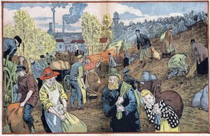 Jægere leder efter kulstykker blandt stenene, der er udvundet fra minerne for at varme sig op om vinteren. Rhur-regionen, Tyskland. Illustration af Damblans. I "" Le Pelerin"" af 4. oktober af Eugene Damblans